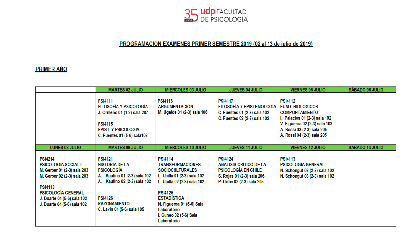 Calendario exámenes 1° 2019 (con salas)